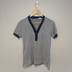 VINTAGE YOU/JOY BABE Black & White Striped V Neck Shirt with Buttons Medium
